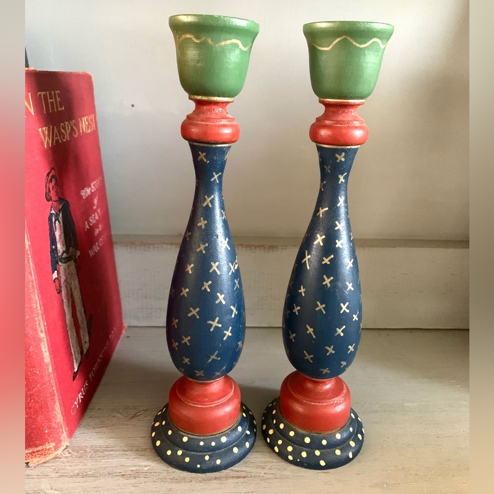 Vintage Hand painted wooden Folk Art Candle Sticks 9” Red Blue Gold Cottagecore